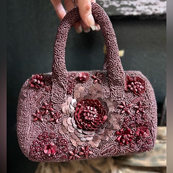 🖤🖤MADE IN INDIA GORGEOUS WINE/BURGUNDY  HANDCRAFTED BEADED BAG🖤🖤NWT - Picture 6 of 14